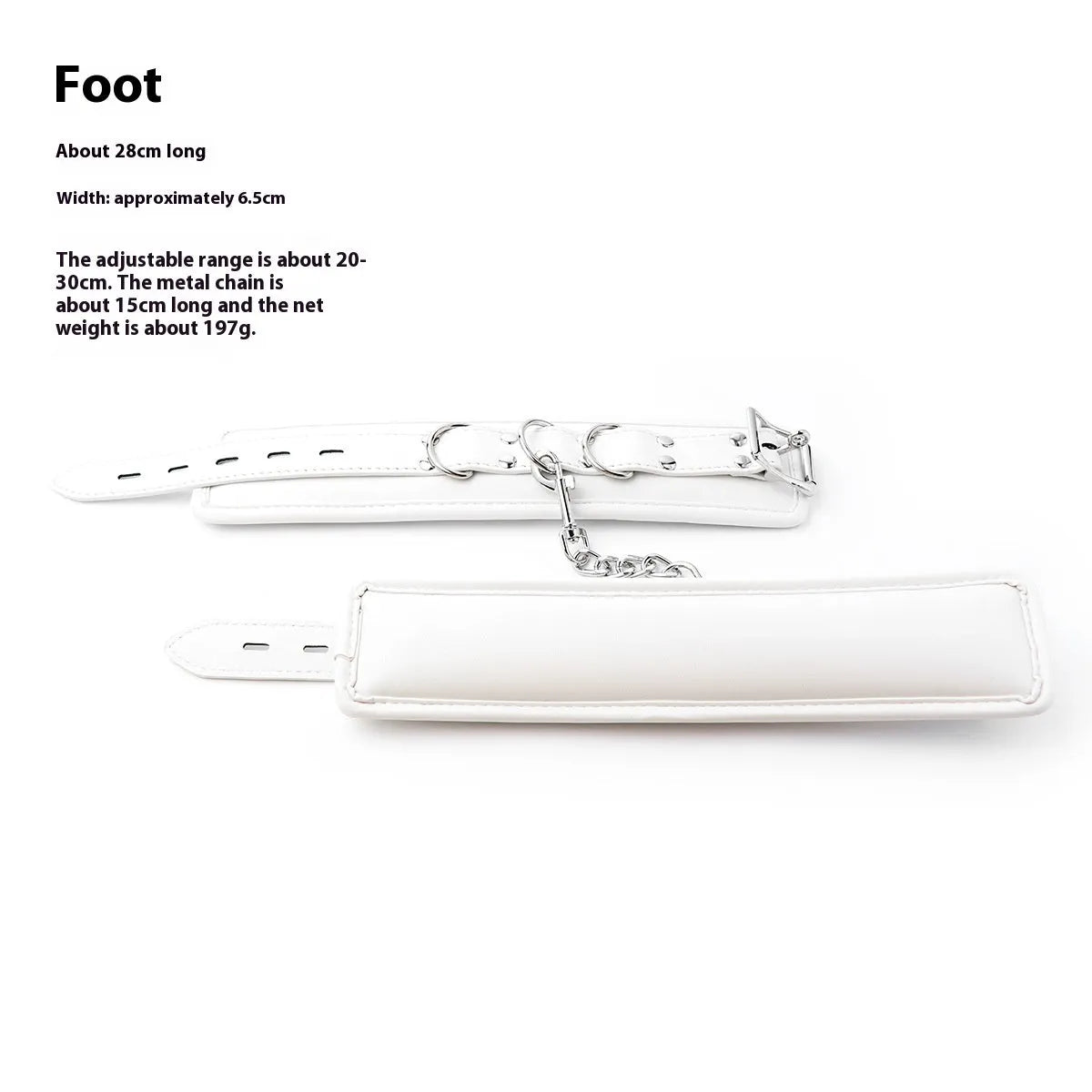 White PU sponge bondage set showing handcuffs, footcuffs, and a neck cuff laid out on a dark surface.