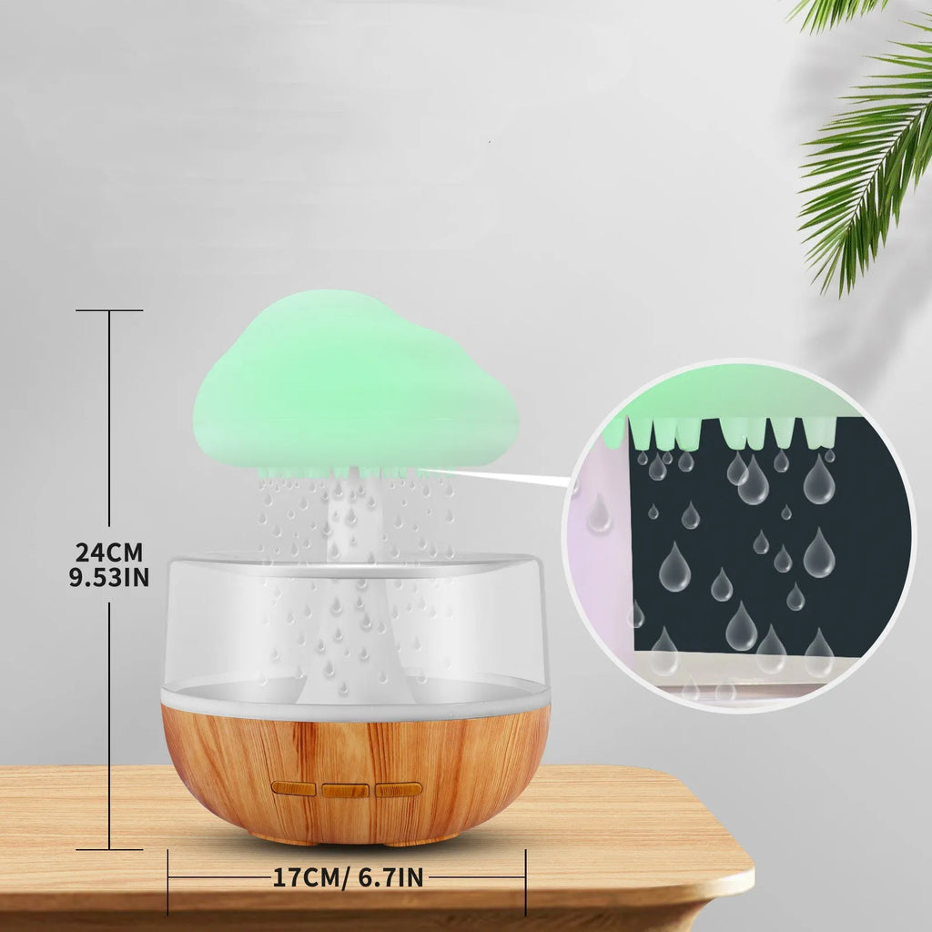 White cloud-shaped humidifier with coloured night light on a table.
