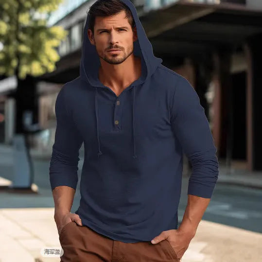 Men's casual cotton pullover hoodie in dark blue colour with long sleeves.