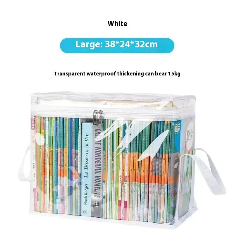 Large white foldable PVC storage bag with a transparent panel, showing a 24L capacity for magazines and stationery.