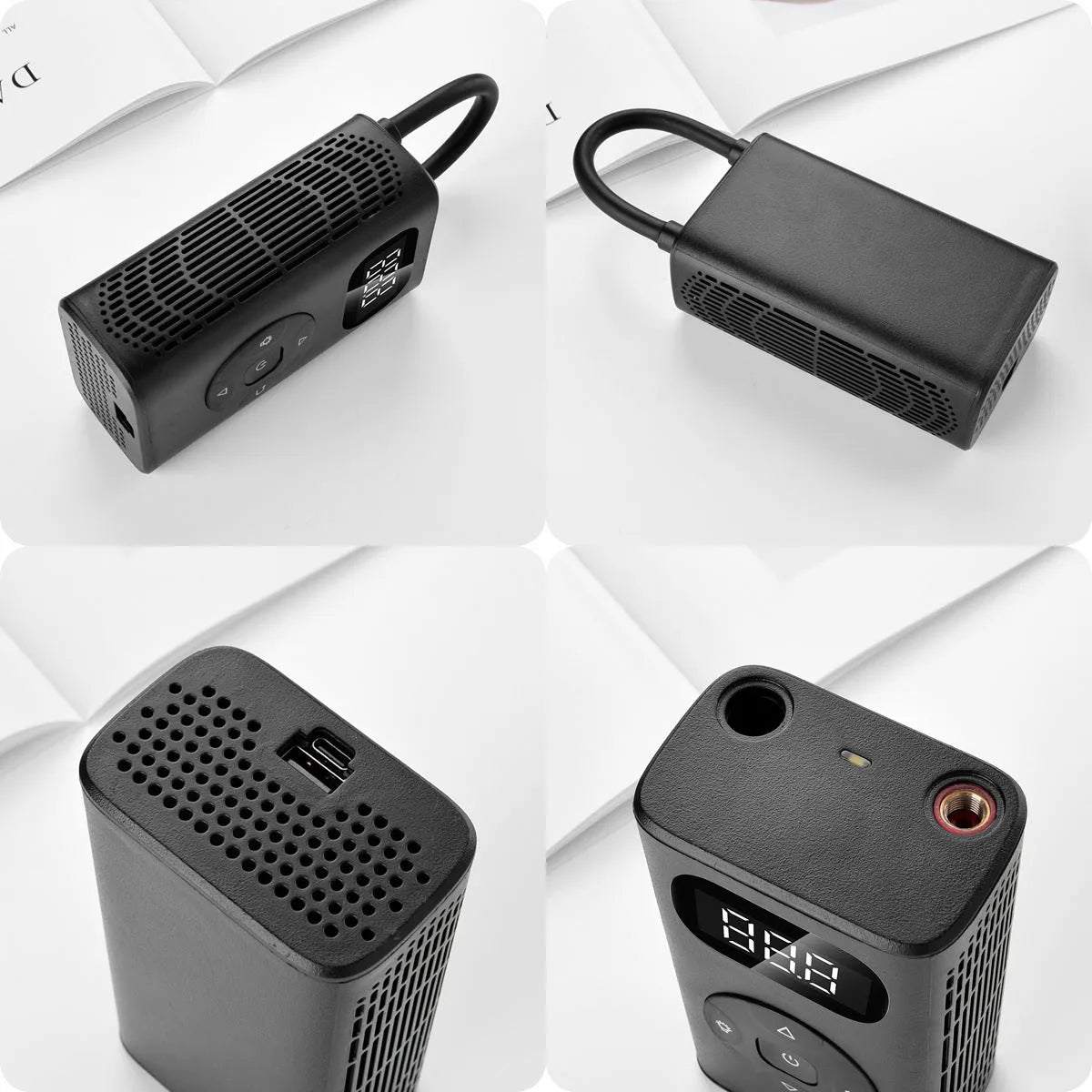 Black portable power bank tyre inflator with USB cable on a grey background.