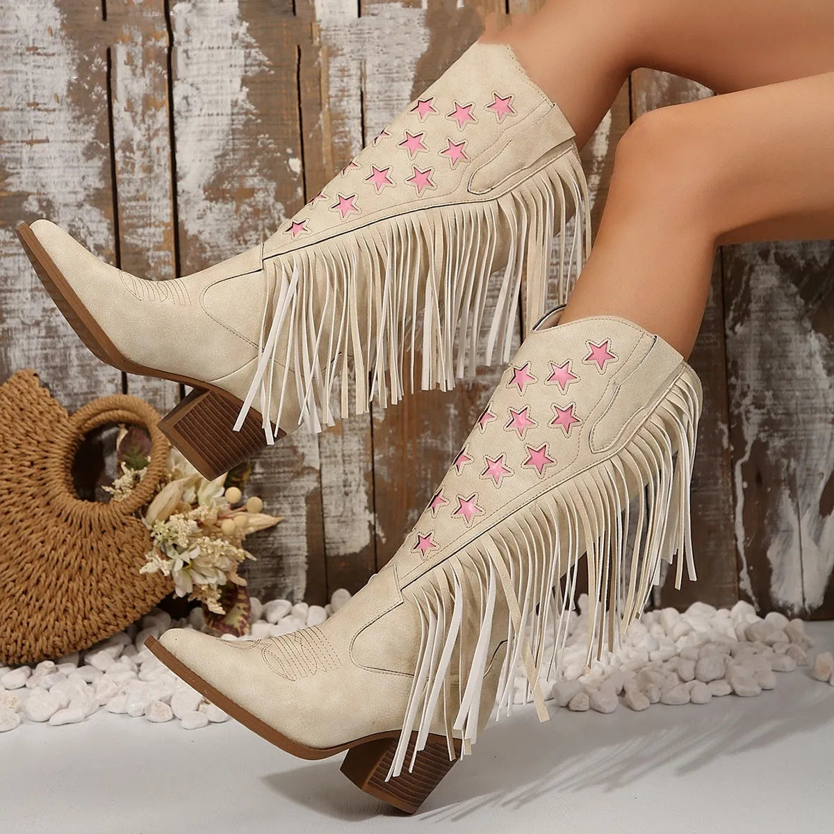 Women's high heel tassel embroidery boots in artificial PU with rubber sole, low tube, beige colour