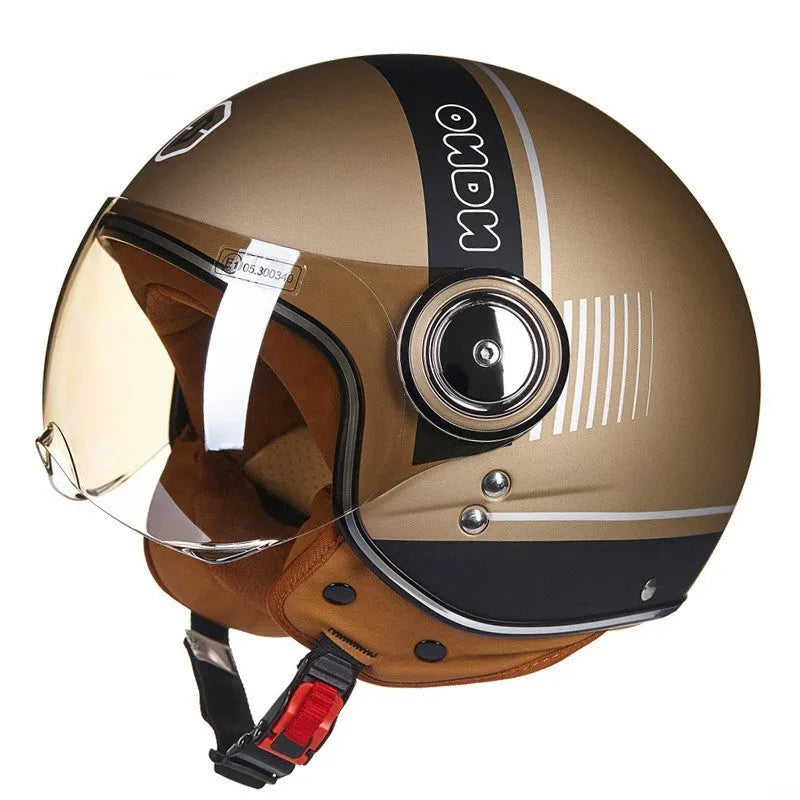 Retro battery car half helmet in ABS plastic showing colour options including bright blue red and matte black orange