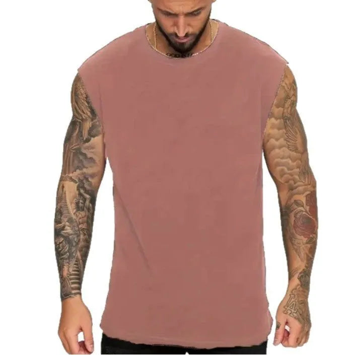 Men's loose solid colour cotton sleeveless tank top on a hanger, showing straight hem design.