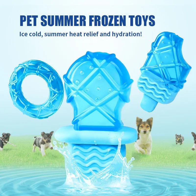 Set of four water-filled dog cooling toys in pacifier, popsicle, and ring shapes on a blue background.