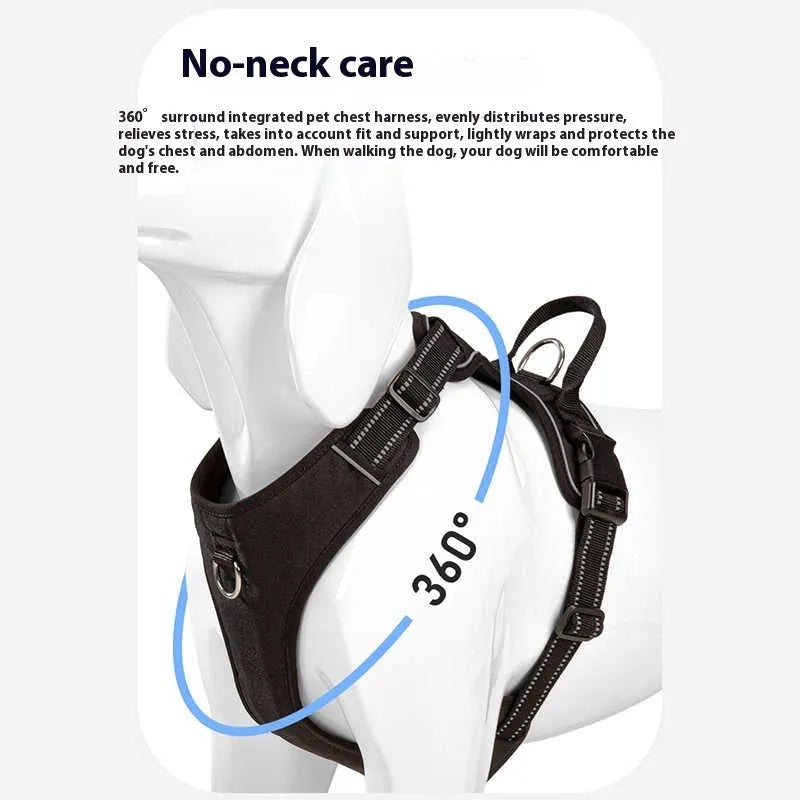 Black polyester dog breast strap vest with hand-holding rope, side view on a white background