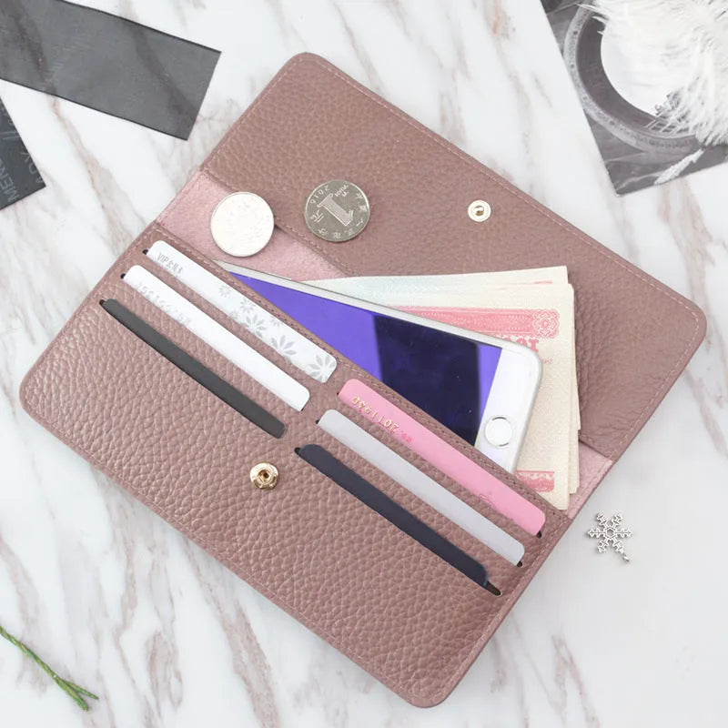 Genuine leather long coin purse with multiple card slots and zipper, wine red colour