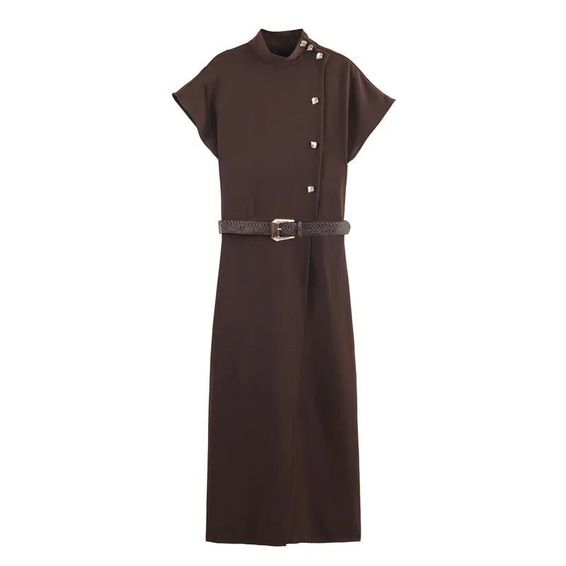 Belted hooded knitted dress in coffee stripe plaid with long sleeves and irregular pleated short skirt
