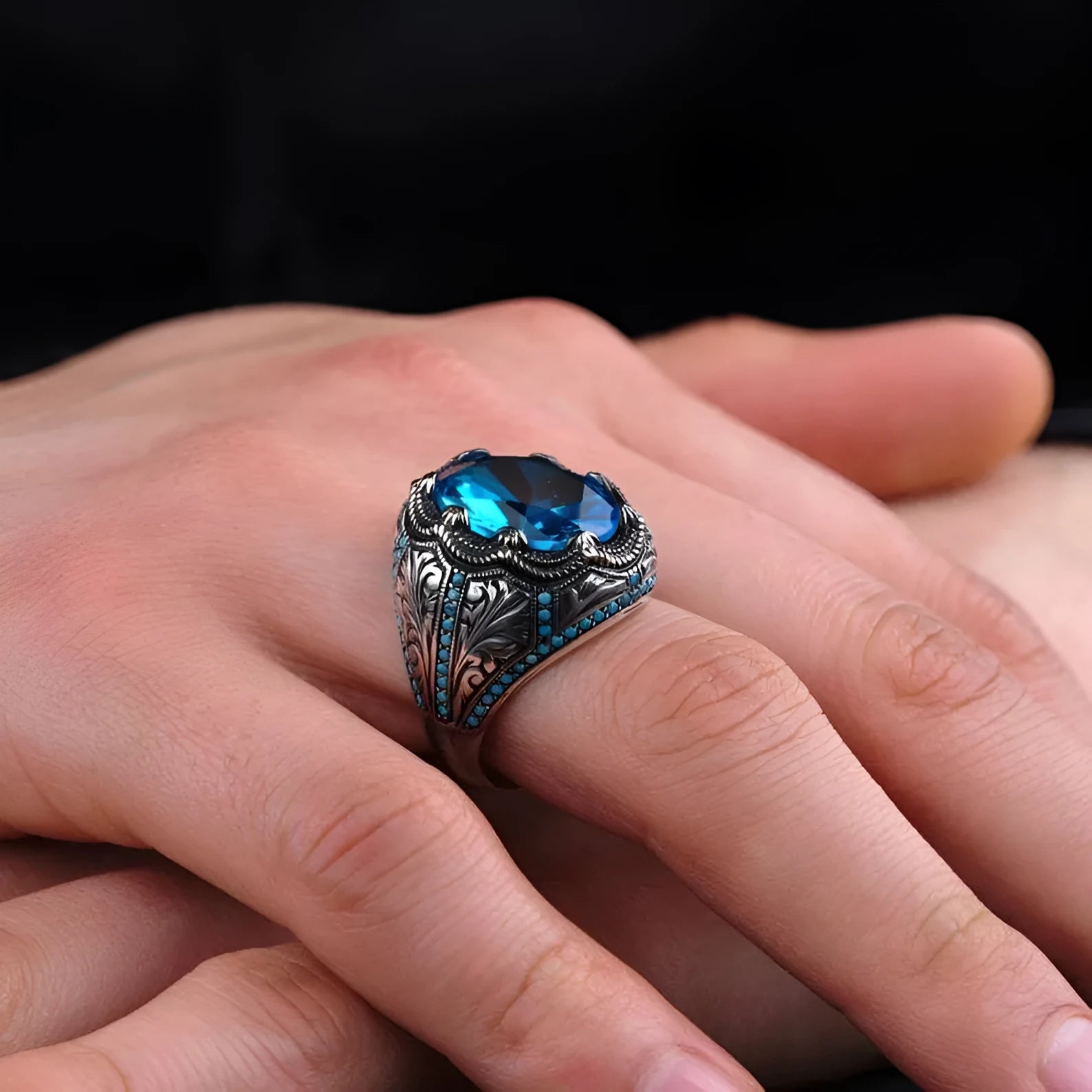 Grandmother geometric blue zircon alloy ring in antique silver finish showing detailed design