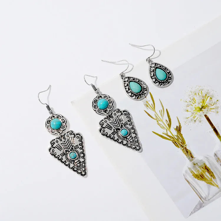 Retro old triangle water drop alloy earrings for women, national style holiday travel accessory