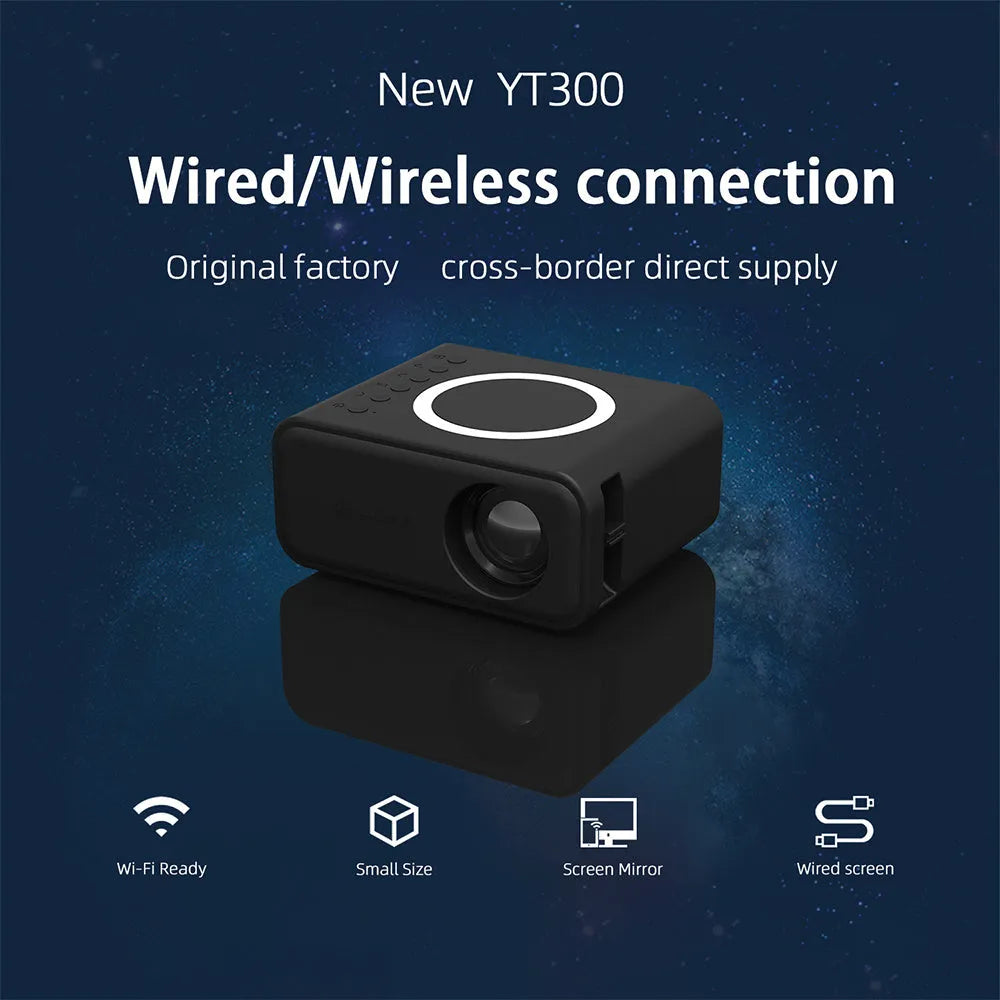 YT300 black portable mini projector with remote control on table showing projection