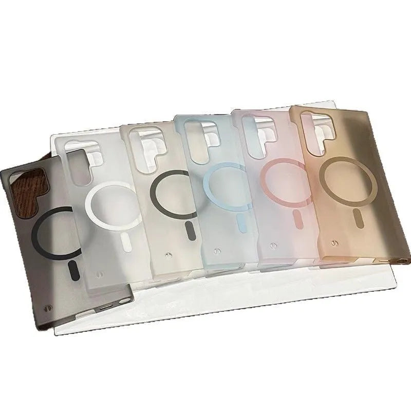 Frameless frosted PC magnetic phone case for Samsung in Desert Gold, shown ultra-thin with anti-fall design