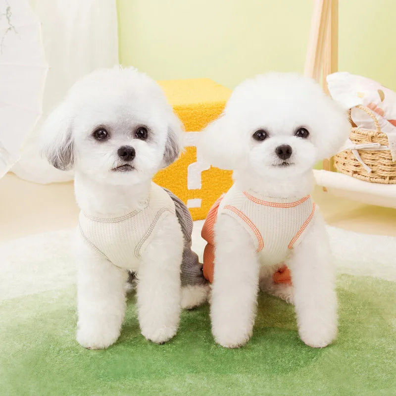 Set of three fashion personalised puppy pyjamas in orange, gray, and purple polyester fabric on white background