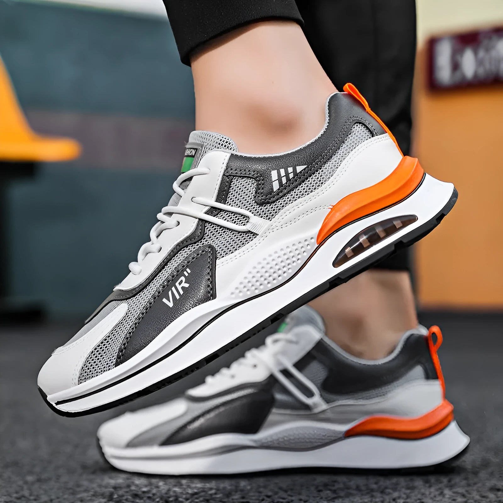 Men's grey mesh running shoes with round toe design and lightweight EVA sole