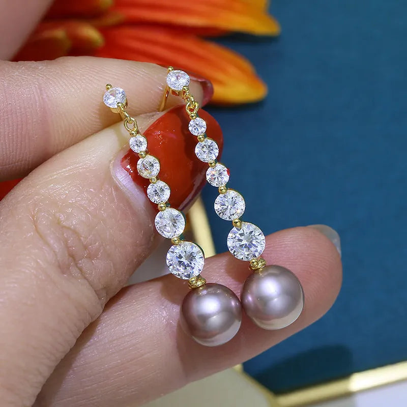 Gold copper long drop earrings with round drilled pearl geometric design for women