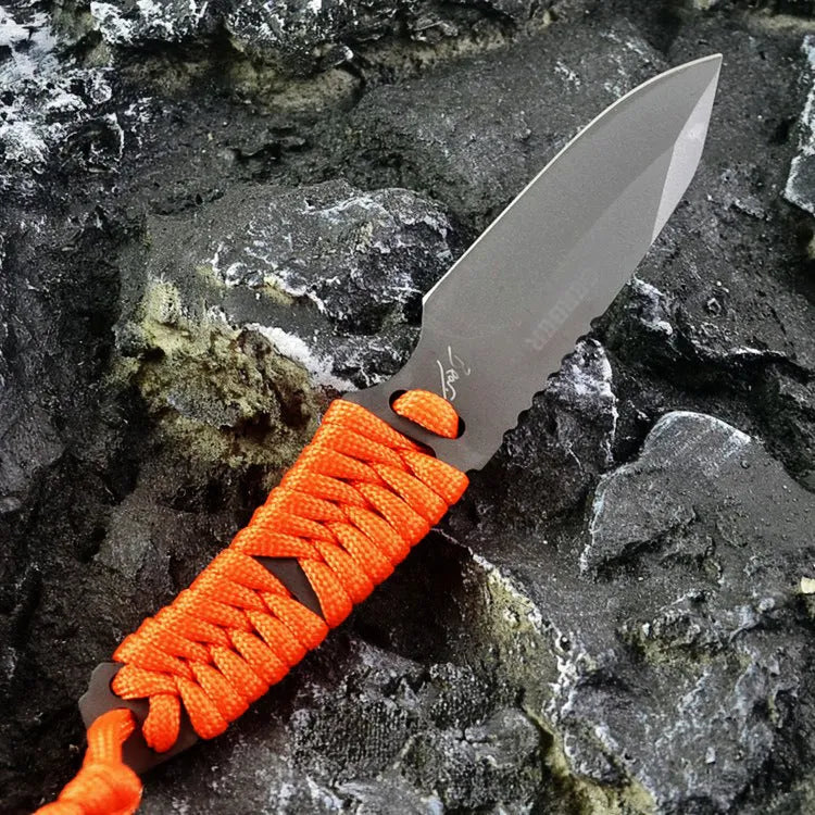 Outdoor camping survival knife with straight blade, rope handle, and ABS protective sheath