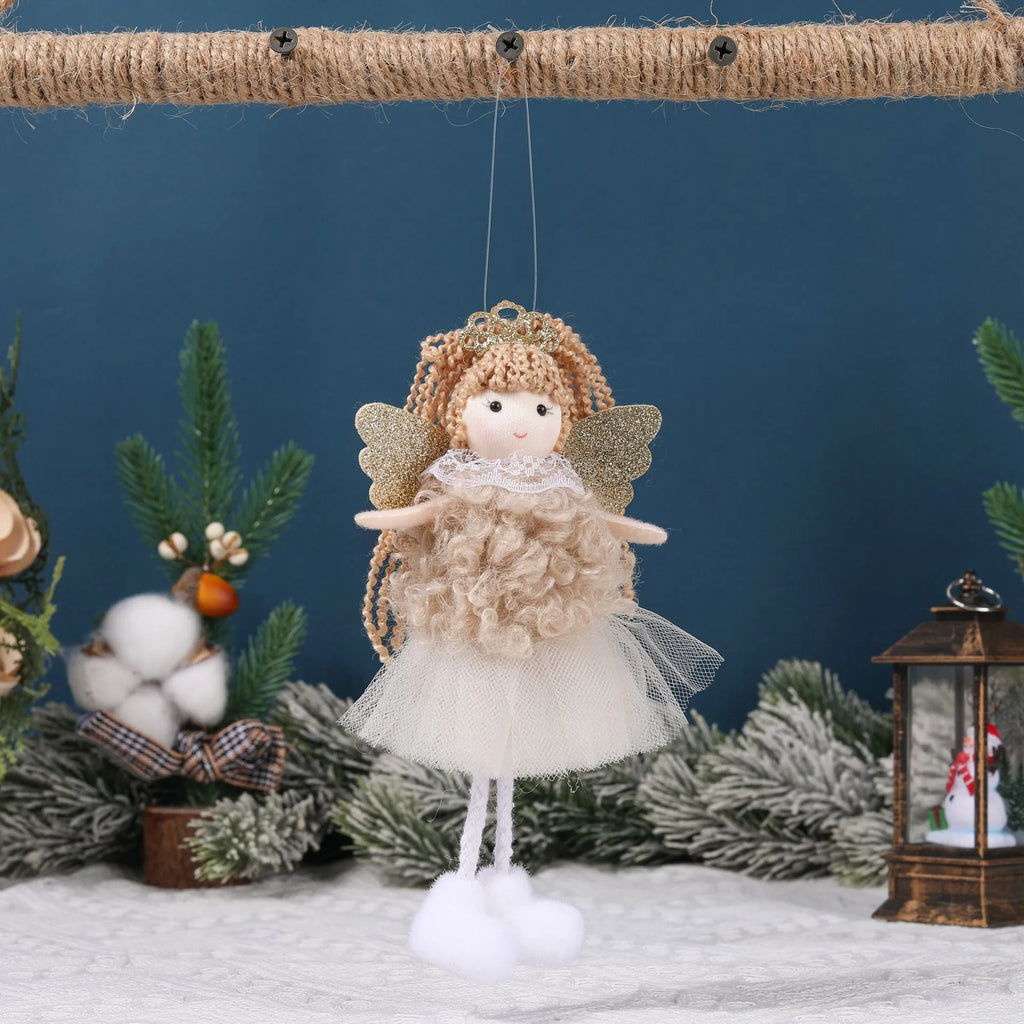 Cartoon angel girl cloth hair pendant with crown and high ponytail in white, pink, and khaki.