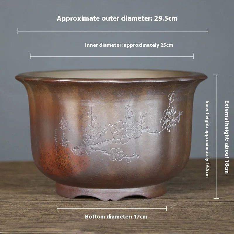 Large antique carved purple sand ceramic flower pot with wood-burning finish for indoor bonsai.