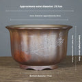 Large antique carved purple sand ceramic flower pot with wood-burning finish for indoor bonsai.
