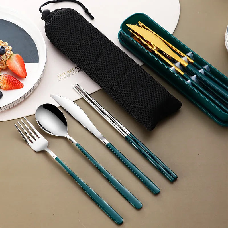 304 stainless steel portable cutlery set with gold knife fork spoon and mesh bag