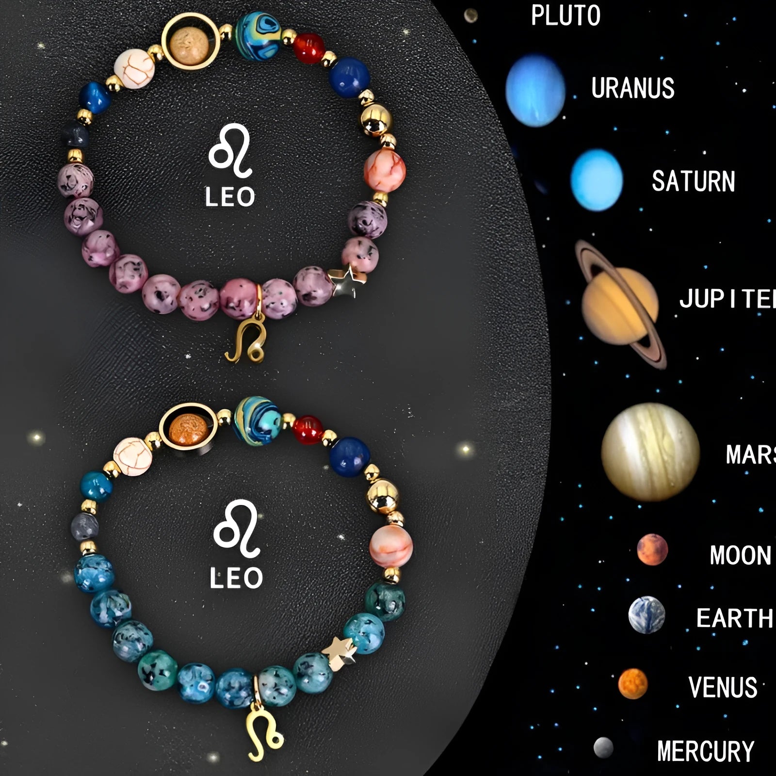 Two layered natural stone beaded bracelets with an adjustable clasp on a wrist.