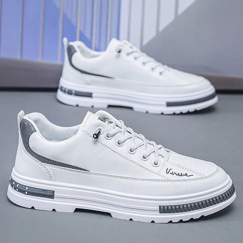 Men's black and white Korean-style low-top platform sneakers with elastic band closure and round toe.