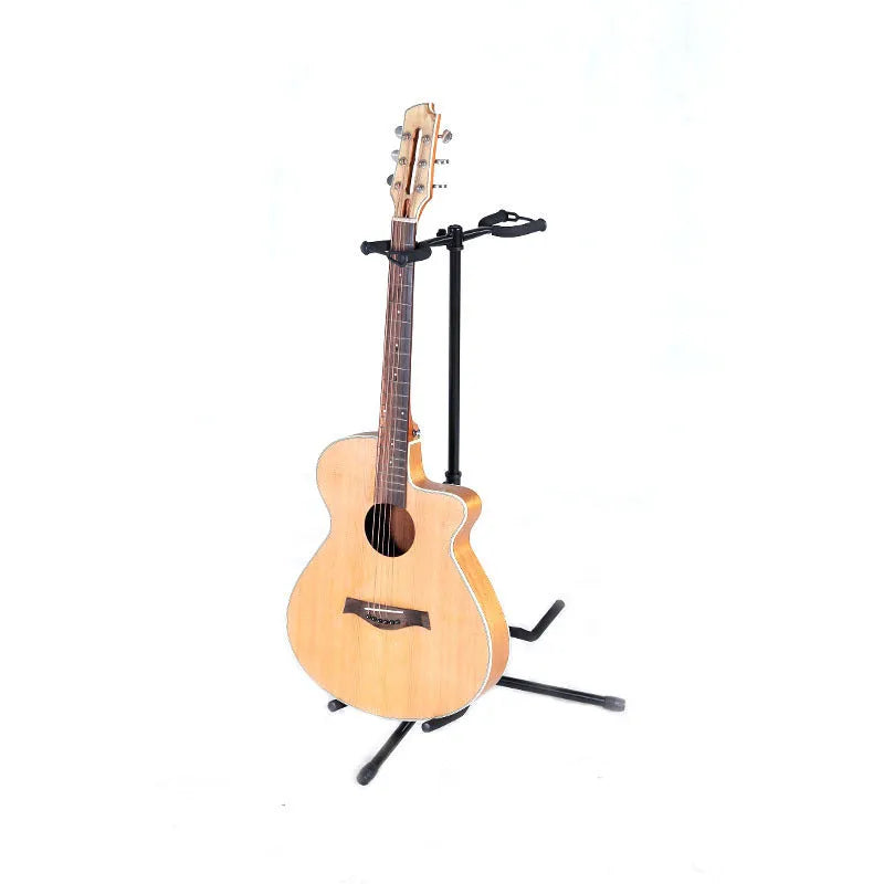 Black iron vertical double-headed guitar stand holding two guitars