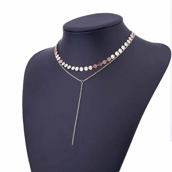 Coin choker necklace with rhinestone and crystal accents, 40cm chain, gold and silver plating options