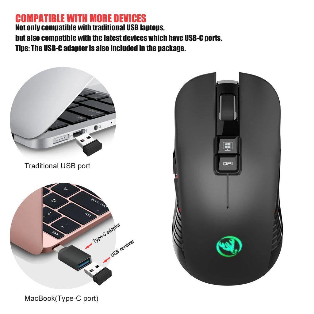 Black wireless ergonomic gaming mouse with colourful breathing light and adjustable DPI settings on a desk.