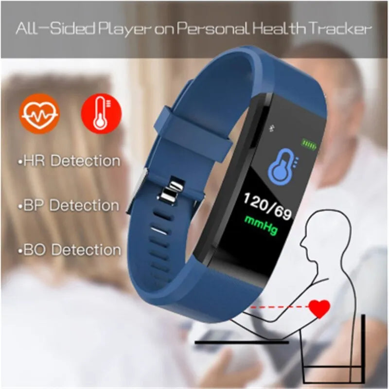Smart wristband fitness tracker with 0.96in colour LED screen, heart rate monitor, TPU band, available in Black, Blue, Green, Purple and Red.