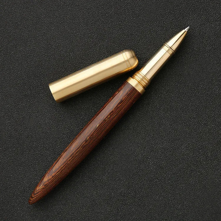 Brass and sandalwood signature pen showing wood grain and metal details at 14cm length