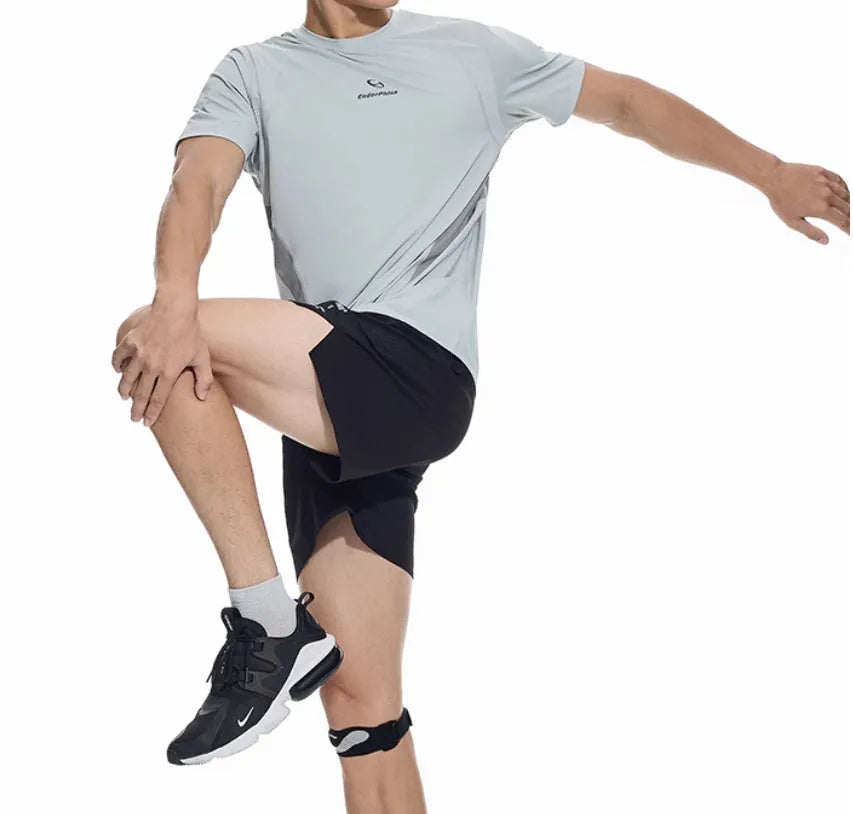 Men's black running shorts with four-point laser stitching detail on stretch fabric.