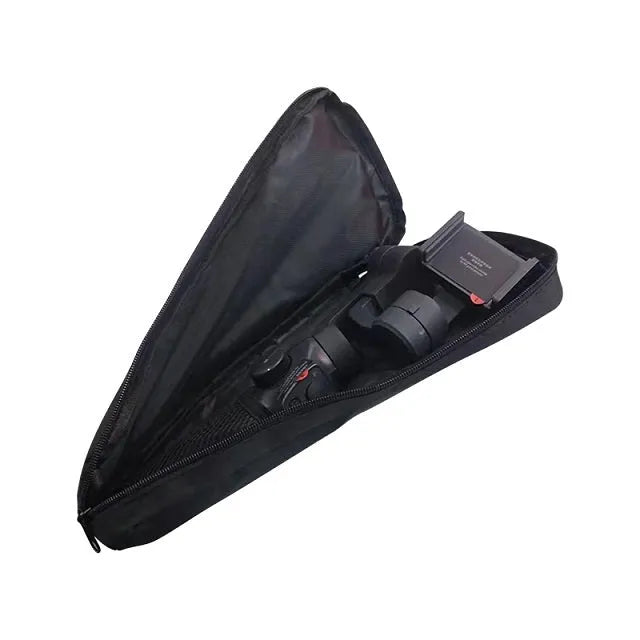 Black cloth storage pouch for a mobile phone gimbal, shown with magnetic flap open.