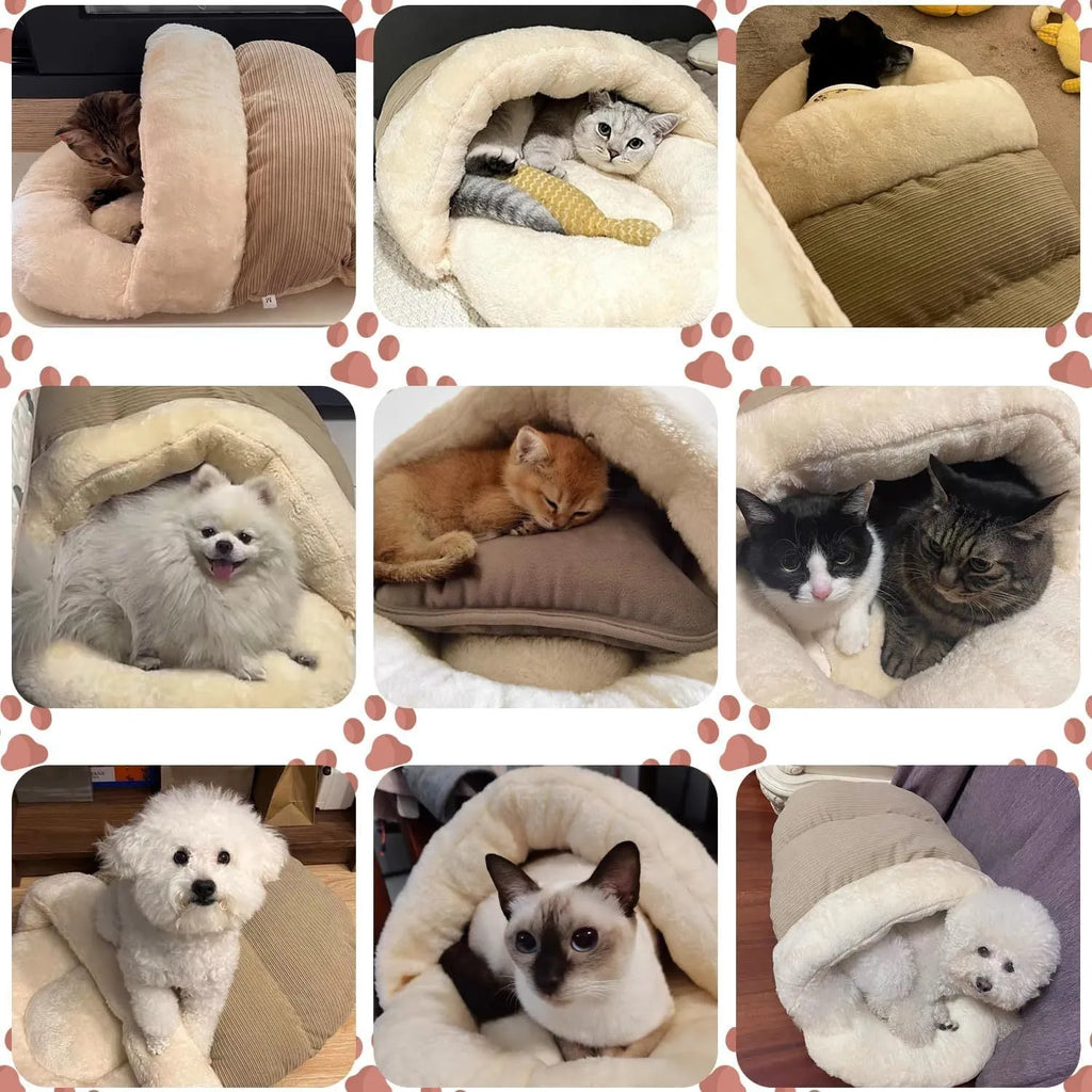 Slipper-shaped cat cave bed with corduroy exterior and self-warming design on hard flooring