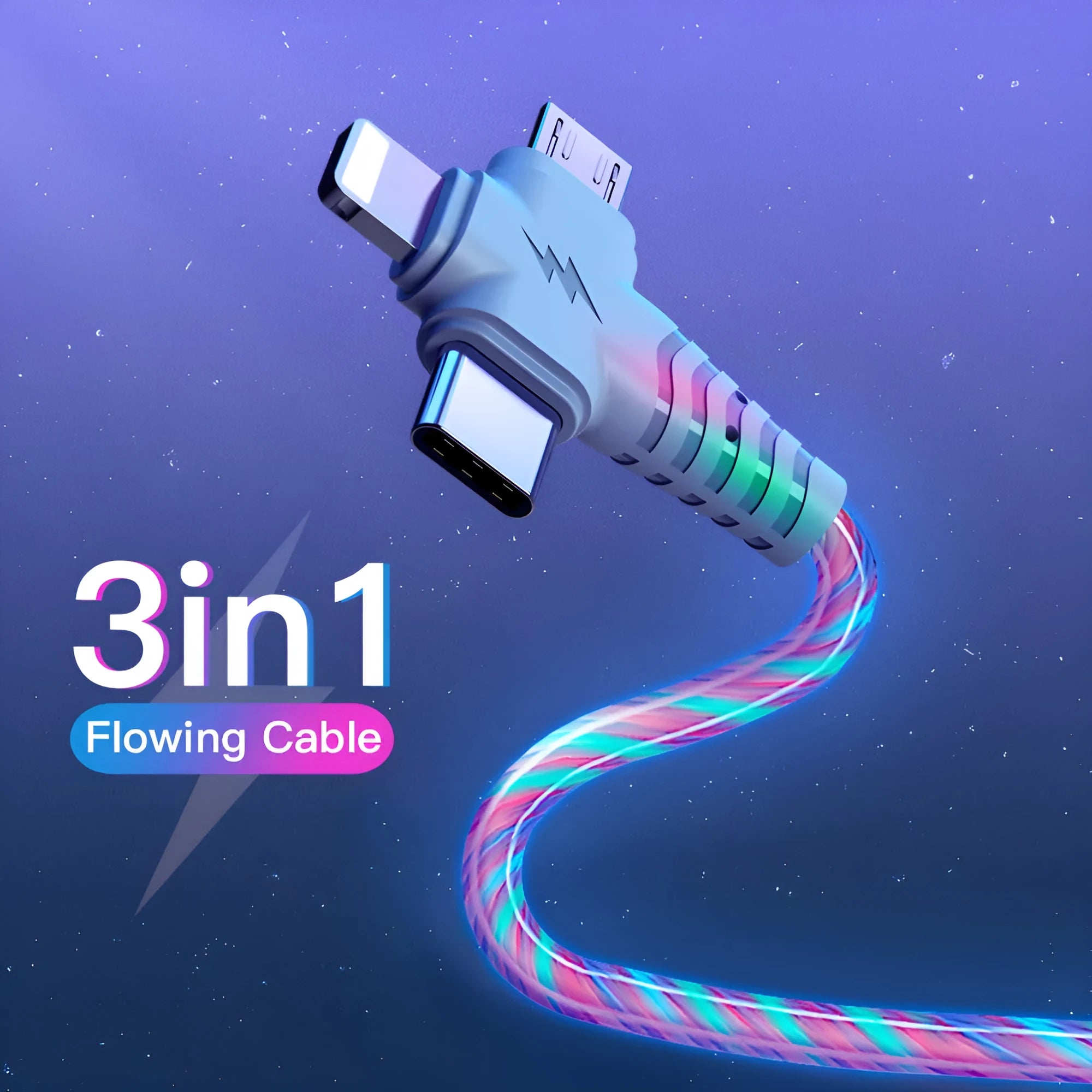 Triple-interface fast charging cable with aluminium alloy connectors showing USB-A, Type-C, and Micro-USB connections