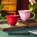 Pastoral style ceramic breakfast cup with handle, 500ml capacity, in red or purple pattern.