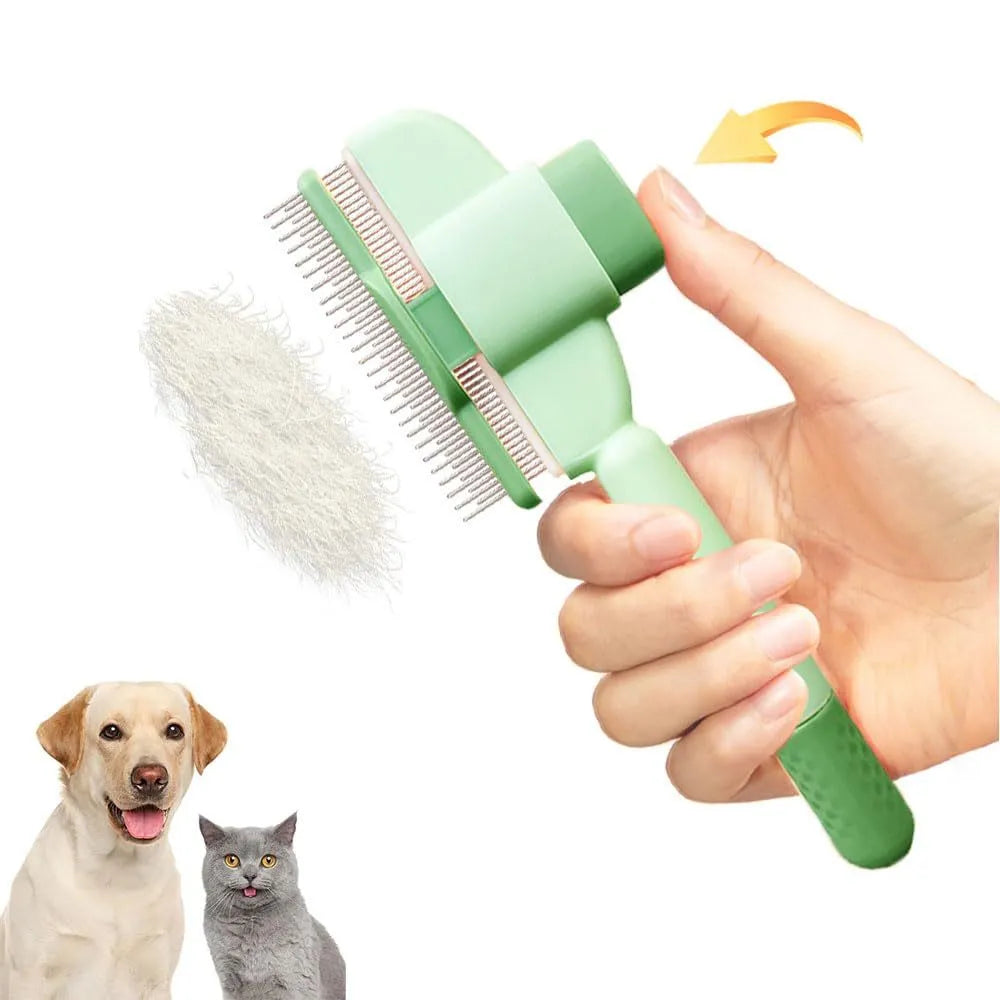 Yellow self-cleaning pet comb with release button and stainless steel teeth for dog and cat grooming