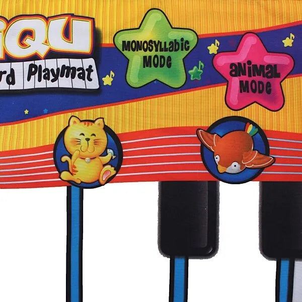 Baby musical piano playmat with colourful shapes and kick-activated placket on soft fabric floor mat