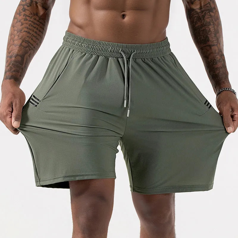 Men's black Ice Silk quick-drying sports shorts with a drawstring high waist on a hanger.