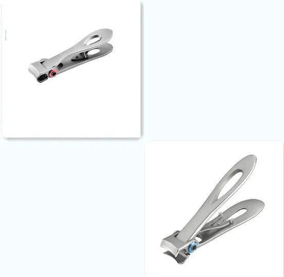 Silver stainless steel thick nail clippers with curved blades and ergonomic handle on white background