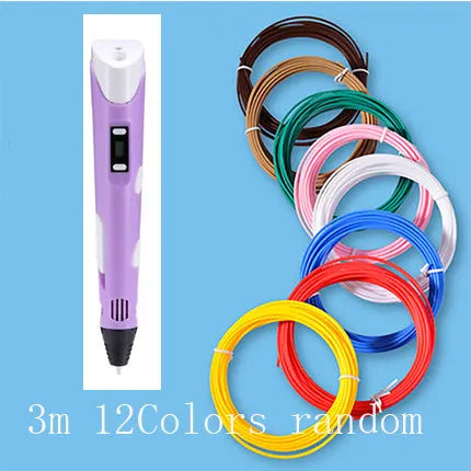 Yellow 3D printing pen with 12 colour PLA filament spools and UK power adapter on a white background