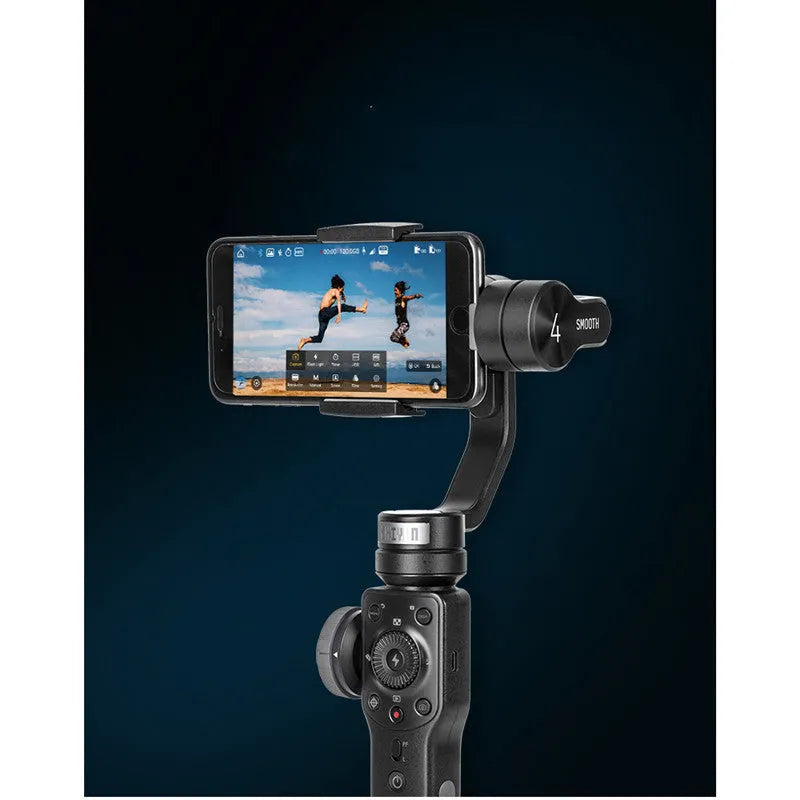 Black handheld mobile phone shooting stabiliser with ABS construction and extended battery life