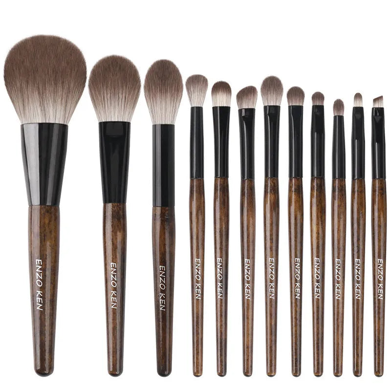 12-piece makeup brush set with wooden handles in PU roll case