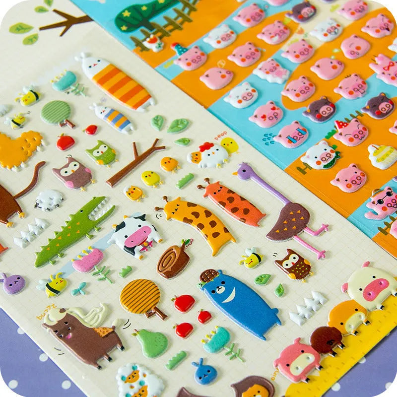 Pack of colourful 3D bubble stickers showing raised cartoon designs of an alpaca, cat, dinosaur, and sweetheart motifs.