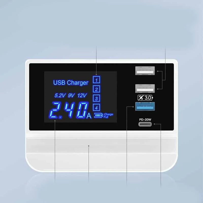 White USB multi-port charger for tablet and smartphone, 2100mA, with 150cm cord and EU UK US plug options