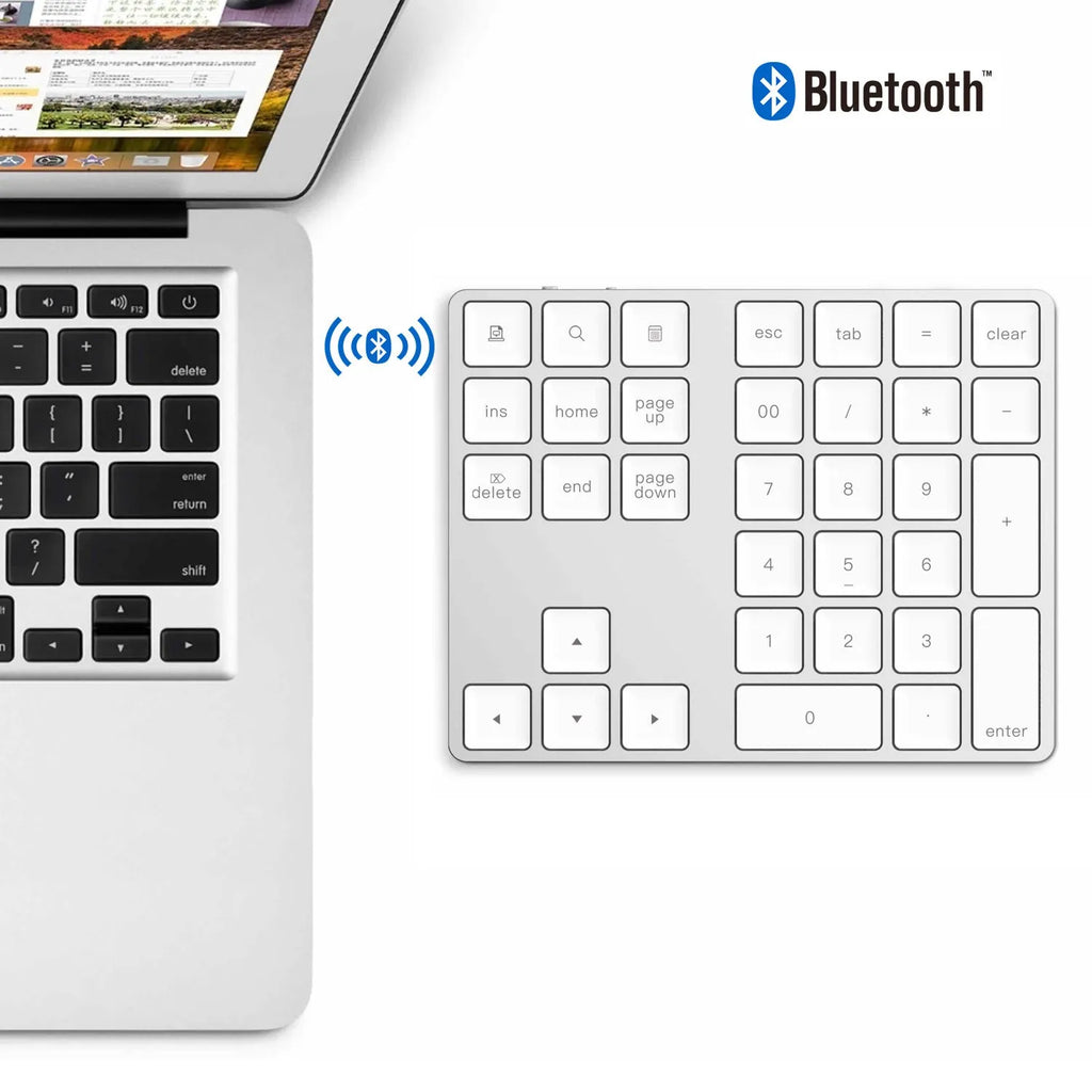 Aluminium 34-key wireless numeric keypad in black or silver with Bluetooth 3.0 for Windows iOS Android