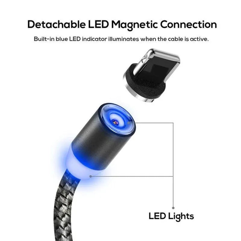 Magnetic charging cable with three adapter tips for Android, Apple and Type-C phones on a table.
