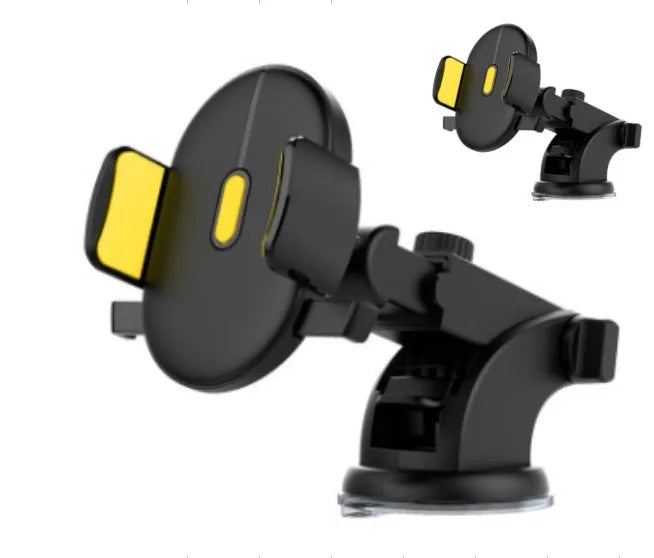 Yellow and black telescopic car phone holder with suction cup mount extended on a dashboard.