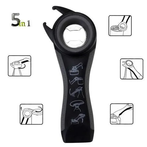 5 in 1 stainless steel and PP can opener and bottle opener, 14.5 cm by 5 cm, 70 g, in black, black grey, green, purple or white.