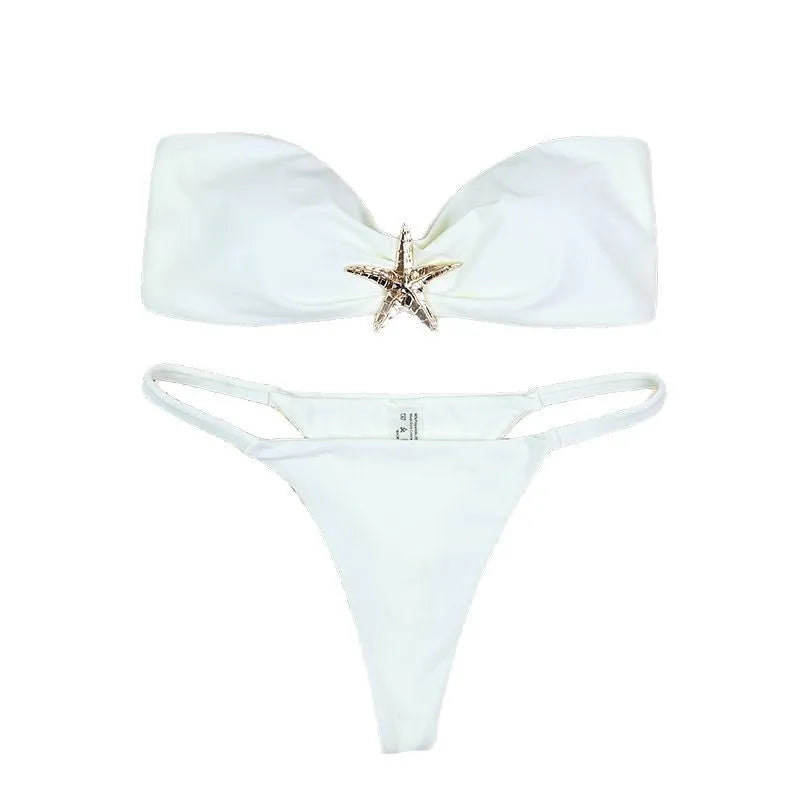 Women's tube top strap backless low waist bikini set in black white and blue nylon fabric with briefs style bottom